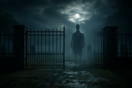 Figura fantasmal borrosa de noche, de pie cerca de la antigua puerta de un cementerio.