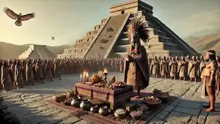 Una ceremonia religiosa de Tiwanaku frente a la Pirámide de Akapana, con un sacerdote y ofrendas.