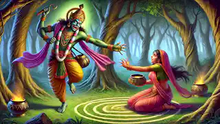Ravana, disfrazado de mendigo, secuestra a Sita mientras ella sale del círculo protector.