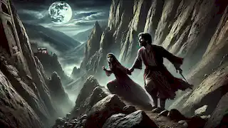 Majid y Leyla escapan hacia las montañas escarpadas bajo la luz de la luna llena, huyendo hacia una cueva oculta.