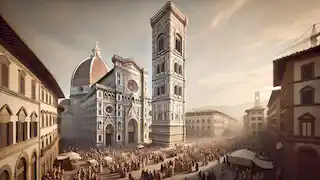 A imponente Torre do Sino de Giotto, completada, com cidadãos se reunindo ao redor em admiração e reverência, ao lado do grandioso Duomo.