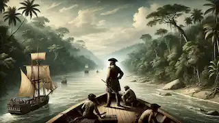 El sir Walter Raleigh a bordo de un barco navegando por el río Orinoco, rodeado de una densa jungla a ambos lados.