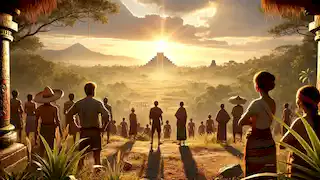 Los aldeanos miran hacia el este, aguardando el regreso de Quetzalcóatl, con el horizonte bañado en luz dorada.