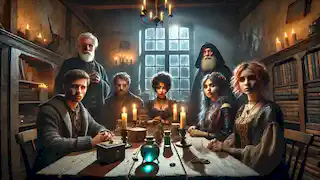 Un grupo de personas mágicas se encuentra en una habitación débilmente iluminada, manteniendo una reunión secreta alrededor de una mesa de madera.