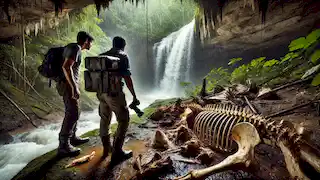 Lucas y el Dr. Almeida exploran con cautela una cueva oculta detrás de una cascada, rodeada de densa vegetación.