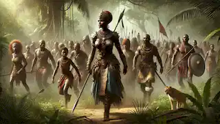 La reina Nzinga liderando su ejército a través del denso bosque, preparándose para la batalla.