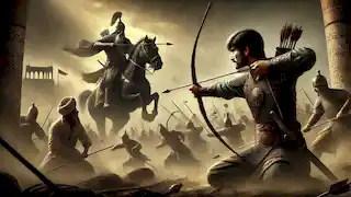 Mehrdad dispara la Flecha Venenosa contra el señor de la guerra Kaveh en un caótico campo de batalla de la antigua Persia.
