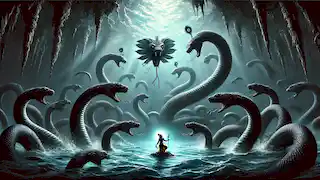 Krishna se encuentra con la serpiente Kaliya de múltiples cabezas en las oscuras y amenazantes profundidades del río Yamuna.