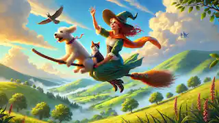 La bruja, el gato y el perro volando sobre colinas verdes en una escoba, buscando un moño perdido.