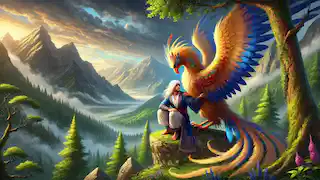 El joven Zal está bajo la protección del Simurgh en la cima de una nebulosa montaña persa.
