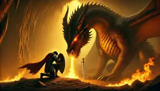 Einar se arrodilla ante el imponente dragón en una cueva iluminada por una luz dorada, bajando su escudo mientras el dragón detiene su aliento llameante.