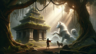 A luminous white canine spirit emerges among ancient temple ruins at sunrise.