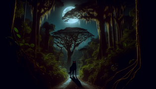 A dark, spectral canine with glowing eyes emerges from jungle shadows under a full moon.