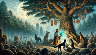 Chaman Maya tradicional ofreciendo incienso para invocar espíritus bajo un árbol de Ceiba en las tierras altas iluminadas por la luna.