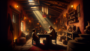 An elderly folklorist shares ancient legends in a rustic adobe cottage with relics.