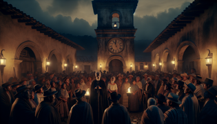 Villagers gathered under an ancient clock tower discussing legends under twilight.