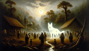 El Cadejo blanco guía a un viajero tembloroso a través de un bosque brumoso al amanecer.