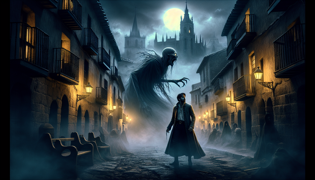 Diego stands defiantly facing a shape-shifting, ghostly figure in a dark village setting.