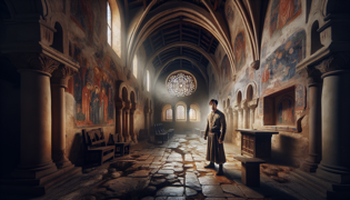An ancient chapel interior with broken stained glass casting colored shadows and a somber mood.