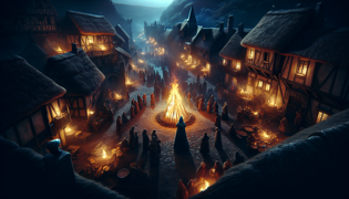 A cloaked spectral figure stands near a village bonfire at night, its presence mysterious and foreboding.