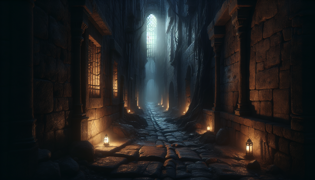 A narrow medieval alleyway in a Spanish village with eerie shadows and flickering candlelight.