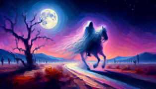Un jinete espectral cabalga por una desierta carretera del desierto bajo un cielo iluminado por la luna.