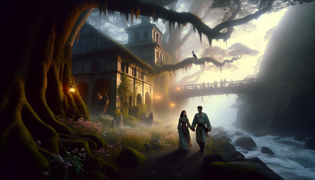 Una pareja caminando por un sendero costero cubierto de niebla, rodeado de flores silvestres y árboles antiguos.
