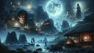 Una figura misteriosa y atractiva emerge de las sombras bajo la luz de una luna llena en una cala aislada.
