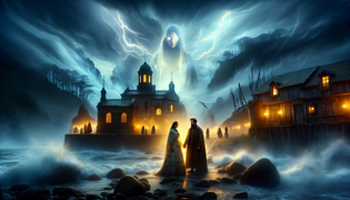 Una pareja decidida se enfrenta a una figura espectral en una tormentosa orilla del mar bajo cielos dramáticos.