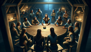 Elara, a young Rat People leader, attending a secretive underground council meeting.