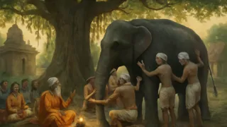 Anciano del pueblo guiando a seis hombres ciegos para que, juntos, puedan sentir toda la figura del elefante bajo un árbol de higuera.