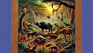 Varios animales del bosque ayudan a Anansi al desgarrar telas de araña del elefante muerto mientras la familia de arañas escapa con la carne.