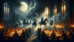 Feast in Valkenburg Castle hall with Elf Knights, tables laden with food, warm hearthlight