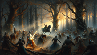 Elf Knights battling swirling black mist in a forest clearing at dawn