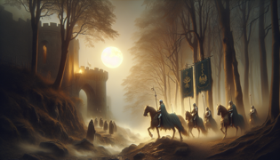 Elfin knights emerging from a misty forest at Valkenburg Castle gate at midnight