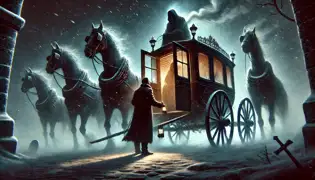 Elias Gruber duda ante la puerta abierta de la Carreta Fantasma, mirando su oscuro interior mientras la nieve gira a su alrededor.