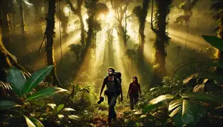 Elisa Romero y su guía, Mateo, caminan a través de la densa jungla, con la luz dorada del sol filtrándose entre los altos árboles y la niebla.