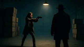 Detective enfrentándose al culpable en un almacén abandonado bajo una sola luz colgante.