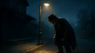 Detective inspeccionando una pista misteriosa bajo un farol en la noche