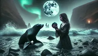 Elín se encuentra en la costa rocosa, sosteniendo una piedra de obsidiana, mientras la foca espectral espera bajo las aguas brillantes, iluminadas por la aurora.