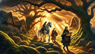 La princesa Elowen y la escriba Merrin entran en un claro de bosque iluminado por el sol al amanecer.