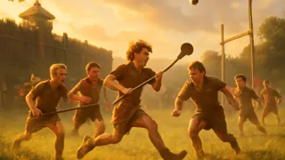 La fortaleza de Emain Macha con niños jugando al hurling; el joven Setanta destaca entre los chicos mayores.