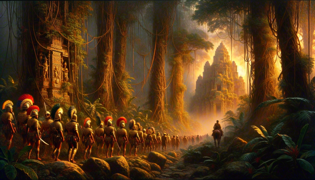 Los conquistadores atraviesan una jungla densa y abarrotada de lianas, bajo un dosel espeso, con haces de luz que atraviesan.