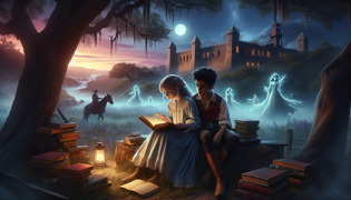 Emma y Jake Thompson estudian viejos diarios cerca de Fort Harrow mientras el sol se pone.