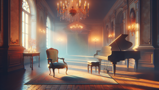 Una silla antigua vacía junto a un piano de cola iluminado por la suave luz de las velas.