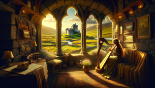 Siobhan playing her enchanted harp by a sunlit window with wildflowers outside.