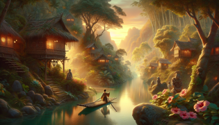 Ein junger philippinischer Junge paddelt auf einem Bambusfloß einen klaren Fluss entlang, umgeben von den nostalgischen Echos der Natur.
