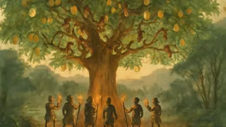 Un antiguo árbol de mango lleno de monos y rodeado de soldados humanos en la selva.