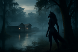 A lone boat in foggy bayou waters with a distant lupine silhouette on the bank