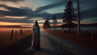 Una figura solitaria con rasgos vendados de pie junto a un camino rural desierto al atardecer.